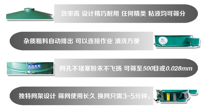 直徑1000mm振動(dòng)篩的特點(diǎn)：效率高，設(shè)計(jì)精巧耐用，任何精類，粘液均可篩分，雜質(zhì)粗料自動(dòng)排出，可以連接作業(yè)，清洗方便。網(wǎng)孔不堵塞粉末不飛揚(yáng)，可篩至500目或0。028mm篩網(wǎng)使用長久，換網(wǎng)只需3-5分鐘。