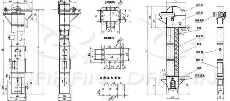TD/D型斗式提升機(jī)基本結(jié)構(gòu):機(jī)頭蓋，機(jī)頭座，減速電機(jī)，直管，底座，緊張裝置等。