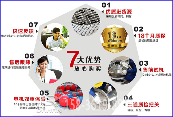 大漢食品振動(dòng)篩的7大優(yōu)勢(shì)：優(yōu)質(zhì)進(jìn)貨源，售后跟蹤，售前試機(jī)等。