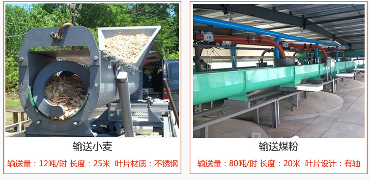 絞龍螺旋輸送機(jī)輸送小麥輸送量在12噸/時(shí)，長度為25米，葉片采用不銹鋼材質(zhì)；輸送水泥輸送量在80噸/時(shí)，長度為20米，葉片設(shè)計(jì)為有軸。