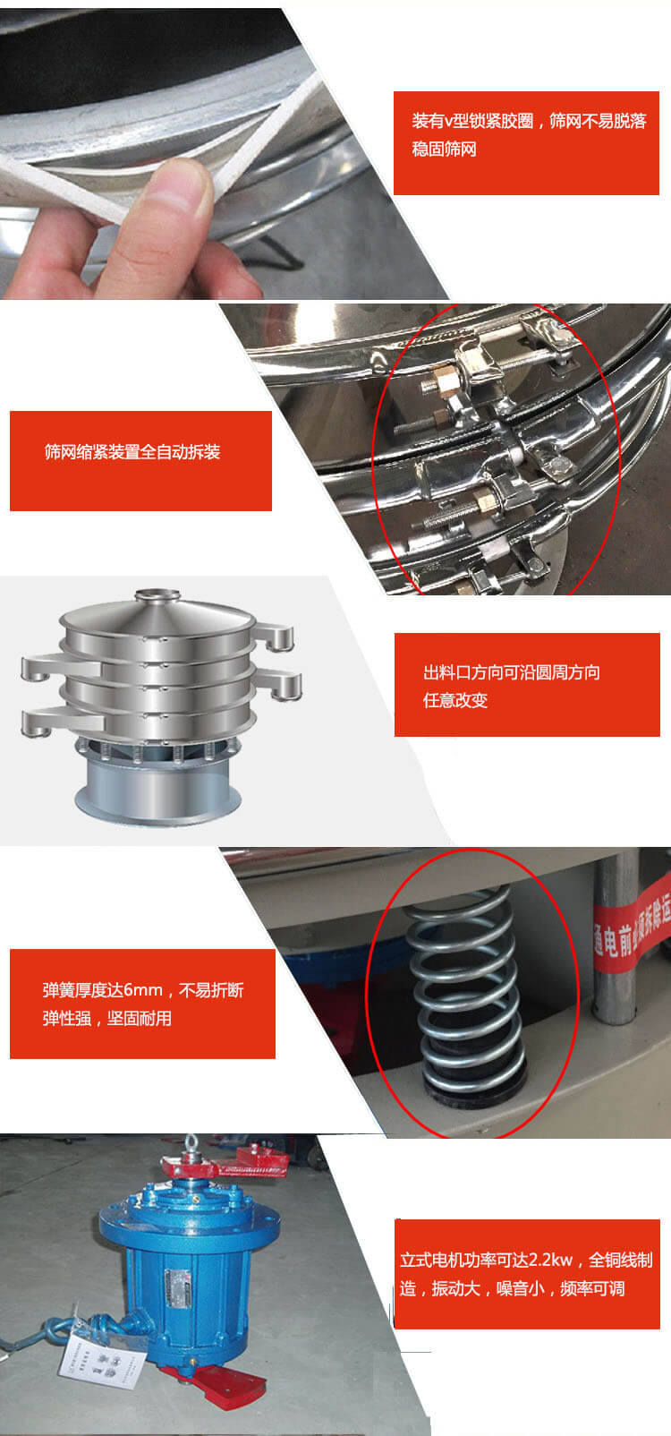 裝有V型鎖緊膠圈，使篩網(wǎng)不易脫落穩(wěn)固篩網(wǎng)，篩網(wǎng)鎖緊裝置，全自動拆裝，出料口方向可沿圓周方向任意改變。彈簧厚度達6mm，不易折斷，彈性強，堅固耐用。專業(yè)的振動電機，全銅線制造，振動大，機械噪音小，頻率可調(diào)。產(chǎn)品對比:材質(zhì)：大漢振動篩廠家采用304不銹鋼材質(zhì)耐腐蝕性，耐熱性強。個別廠家采用其它金屬材質(zhì)，耐腐蝕性，耐熱性差蒸發(fā)緩慢，烘干效率較低。大漢振動篩廠家采用金屬編織網(wǎng)，篩分精度高，效率高，篩網(wǎng)利用率高。