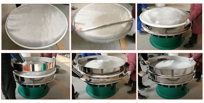 食品振動(dòng)篩網(wǎng)安裝步驟3，將密封圈安裝到網(wǎng)架周圍，將篩框放到網(wǎng)架上，并利用束環(huán)將上下兩層篩框固定在一起。