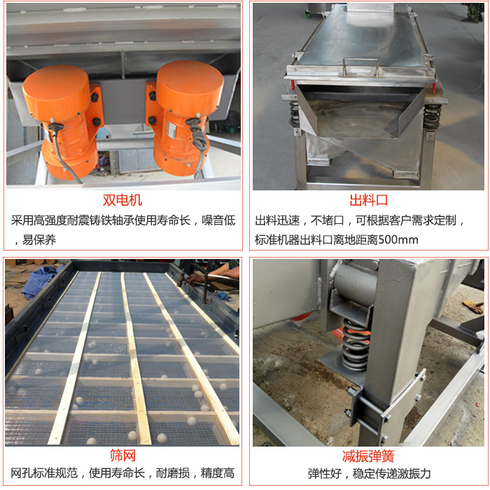 線振動(dòng)篩配件優(yōu)勢(shì)：雙電機(jī)采用高強(qiáng)度耐震鑄鐵軸承使用壽命長(zhǎng)，噪音低，易保養(yǎng)，出料口：出料迅速，不堵口，可根據(jù)客戶需求定制標(biāo)準(zhǔn)機(jī)器出料口離地距離500mm。篩網(wǎng)：網(wǎng)孔標(biāo)準(zhǔn)規(guī)范，使用壽命長(zhǎng)，耐磨損，精度高。減震彈簧彈性好，穩(wěn)定傳遞激振力。