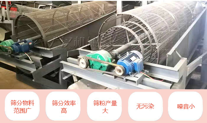 滾筒篩分機主要特點：篩分物料范圍廣，篩分效率高，篩分產(chǎn)量大，無污染，噪音小。