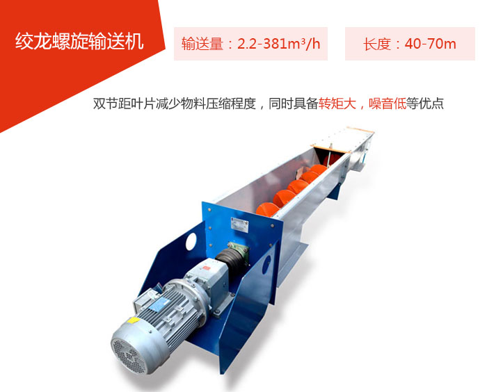 絞龍螺旋輸送機(jī)輸送量：2.2-381m3/h 長度：40-70m 雙節(jié)距葉片減少物料壓縮程度，同時(shí)具備轉(zhuǎn)矩大，噪音低等優(yōu)點(diǎn)。