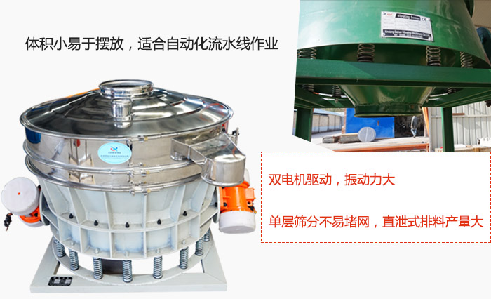 雙電機驅(qū)動，振動力大，單層篩分不易堵網(wǎng)，直泄式排料產(chǎn)量大