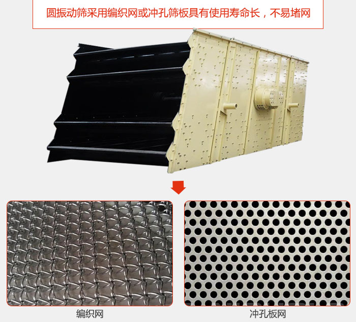 圓振動篩采用編織網(wǎng)或沖孔篩板具有使用壽命長，不易堵網(wǎng)。
