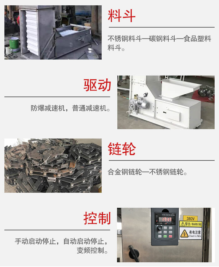 z型斗式提升機(jī)料斗：不銹鋼料斗-碳鋼料斗-食品塑料料斗。驅(qū)動(dòng)裝置采用的式防爆減速機(jī)，普通減速機(jī)兩種。鏈輪采用合金鏈輪-不銹鋼鏈輪控制器：手動(dòng)啟動(dòng)/停止，以及自動(dòng)啟動(dòng)停止。