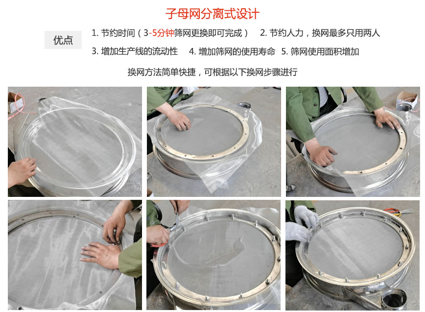 大漢振動機械換網(wǎng)優(yōu)勢：1，節(jié)省時間（3-5分鐘篩網(wǎng)更換即可完成）2，節(jié)省人力，換網(wǎng)只有兩人。3.增加生產(chǎn)線的流暢性。4.增加篩網(wǎng)壽命，彈跳球不直接撞擊子網(wǎng)。5.篩網(wǎng)使用面積增加。