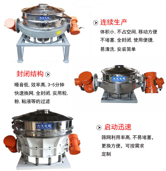 直徑1000mm直排篩特點(diǎn)：連續(xù)生產(chǎn)：體積小，不占空間，移動(dòng)方便，不堵塞，全封閉，使用便捷，易清洗，安裝簡(jiǎn)單。封閉結(jié)構(gòu)：噪音低，效率高，3-5分鐘，快速換網(wǎng)，全封閉，實(shí)用粒，粉粘液等的過(guò)濾。啟動(dòng)迅速：篩網(wǎng)利用率高，不易堵塞，更換方便，可按需求定制。
