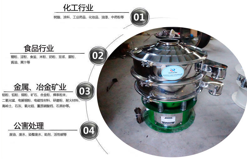 面粉振動篩粉機(jī)適用于化工，食品，金屬、冶金，公害處理等行業(yè)