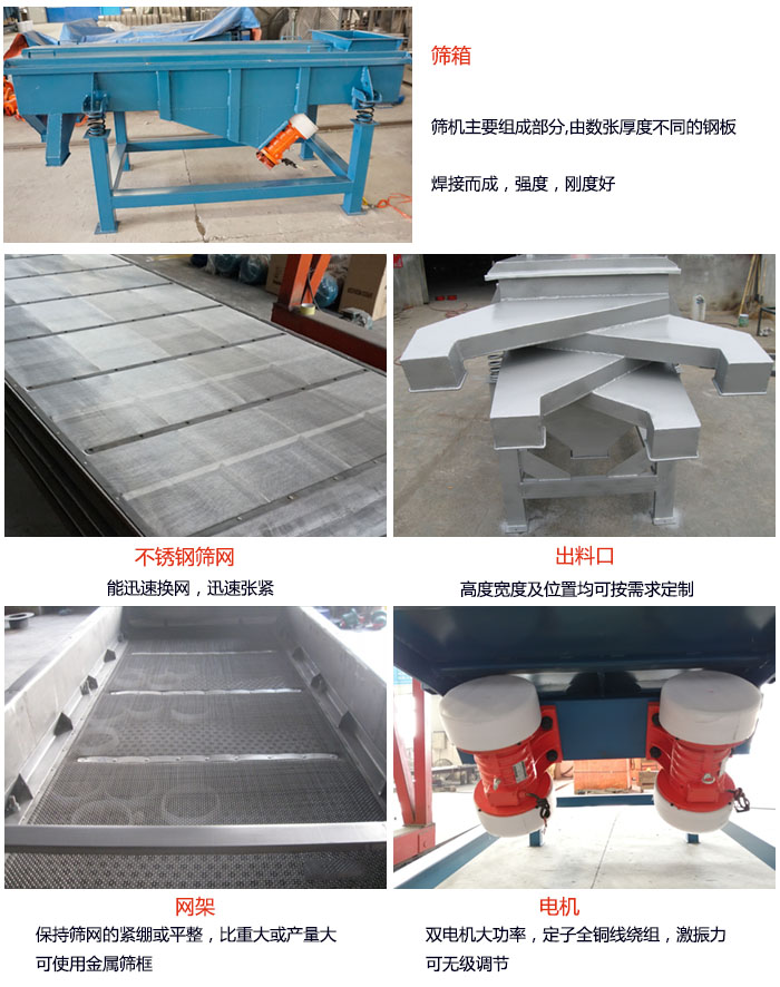 520型直線振動篩結(jié)構(gòu)：篩箱：篩機(jī)主要組成部分，由數(shù)張厚度不同的鋼板焊制而成，強(qiáng)度，剛度好。不銹鋼篩網(wǎng)：能迅速換網(wǎng)，迅速張緊。電機(jī)：雙電機(jī)大功率，定子全銅線繞組，激振力可無極調(diào)節(jié)。網(wǎng)架：保持篩網(wǎng)的緊繃和平整，比重大或產(chǎn)量大時可使用金屬篩框。出料口：高度寬度及位置均可按照用戶的要求來定制。