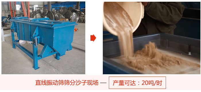 直線振動篩篩分沙子現(xiàn)場展示，產量高達20噸每小時。