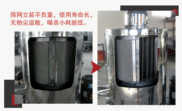 氣流篩采用立式篩網(wǎng)，不受物料的沖擊力的影響，篩網(wǎng)使用壽命長(zhǎng)