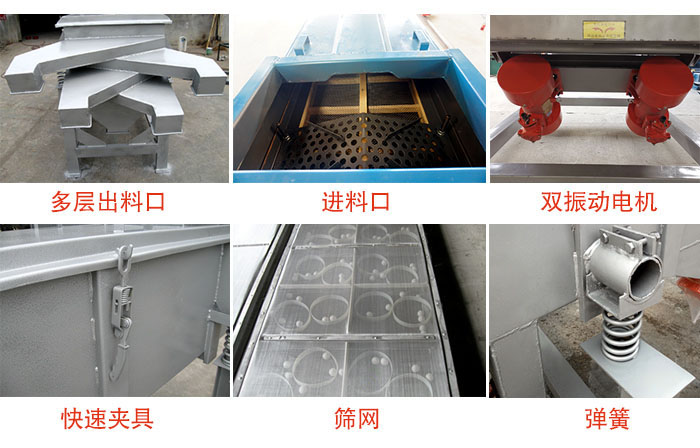 多層直線振動(dòng)篩出料口，篩網(wǎng)，彈簧，快速夾具，振動(dòng)電機(jī)等