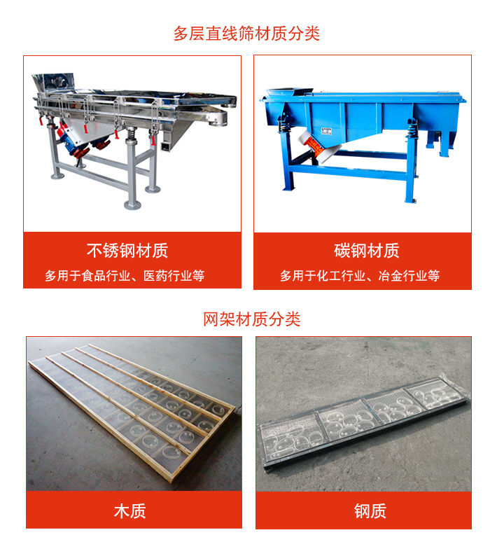 多層直線振動(dòng)篩材質(zhì)有：不銹鋼，碳鋼；網(wǎng)架材質(zhì)有木質(zhì)，鋼質(zhì)等。
