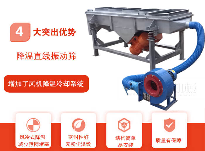 降溫直線振動篩性能特點：1，技術成熟，質量可靠，篩分精度高，處理量大。2，風冷式降溫系統(tǒng)設計，快速有效降溫。3，適用范圍廣，可應用于各種需要降溫的物料。4，設計精巧合理，結構簡單，易安裝，耗能少，噪音低5，篩網(wǎng)使用壽命長，換網(wǎng)更方便，快捷6，設備整體密封性好，無粉塵溢散。