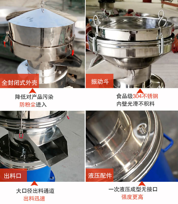 450過濾篩機結(jié)構(gòu)組成：全封閉式外殼設(shè)計：對產(chǎn)品的污染低，防塵粉進入電機內(nèi)部延長設(shè)備壽命。振動斗：食品304不銹鋼篩斗，內(nèi)壁光滑不存在積料現(xiàn)象。出料口，大口徑出料通道，出料迅速，提高工作效率。液壓配件：一次液壓成型無接口強度更高。