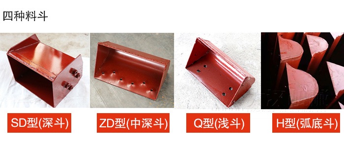 四種料斗Q型(淺斗)、H型(弧底斗)、ZD型(中深斗)SD型(深斗)展示圖