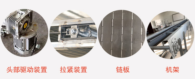鏈板輸送機(jī)結(jié)構(gòu)：頭部驅(qū)動(dòng)裝置，拉緊裝置，鏈板，機(jī)架等圖片展示