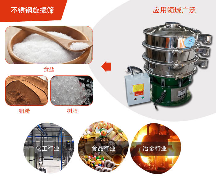不銹鋼旋振篩應用的行業(yè):高濃度漿液過濾篩分，奶粉，豆奶粉專用振動篩機