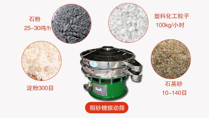 　粗砂糖振動篩更多適用范圍:食品行業(yè)，化工行業(yè)，制藥行業(yè)，行業(yè)，冶金行業(yè)等。
